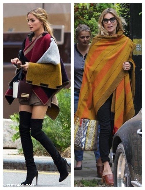 Kate-Moss-Olivia-Palermo-street-style-hermes-blanket-burberry-poncho-python-tote-brown-clog-skinny-jeans-black-over-the-knee-boots-plaid-shirt