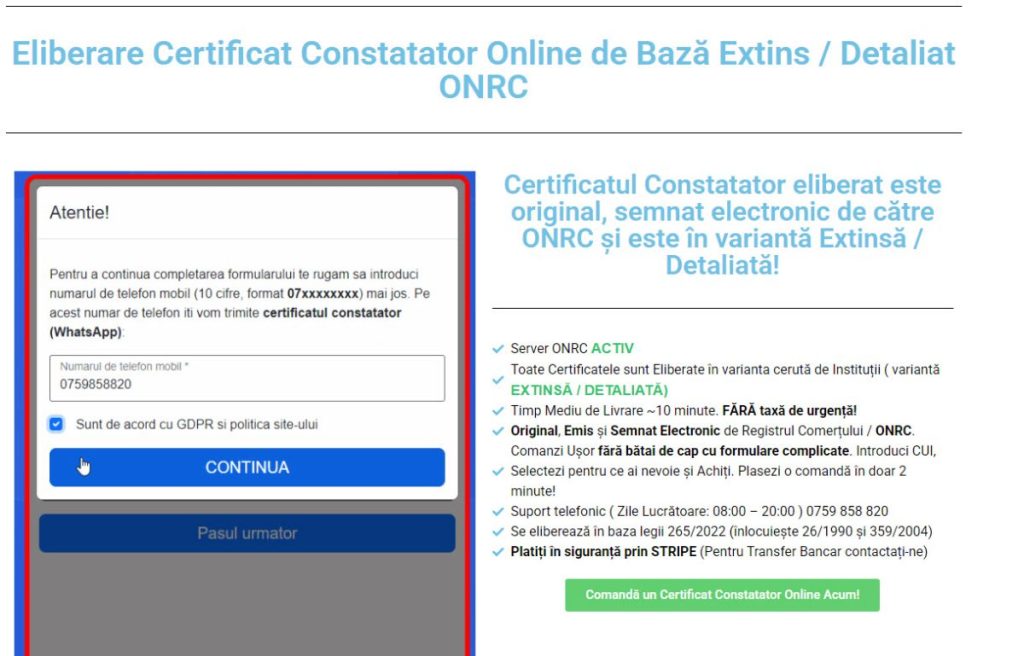 eliberare certificat constatator online