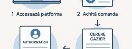 Infografic care prezintă pașii pentru obținerea online a unui cazier judiciar: accesarea platformei, plata, descărcarea certificatului și un link către site web cu timp de procesare de 1-2 zile lucrătoare. https://cazierul-judiciar-online.ro/